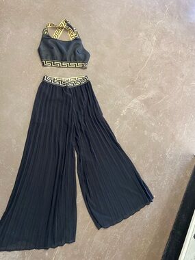 Black Pleated Wide-Leg Pants with Gold Trim